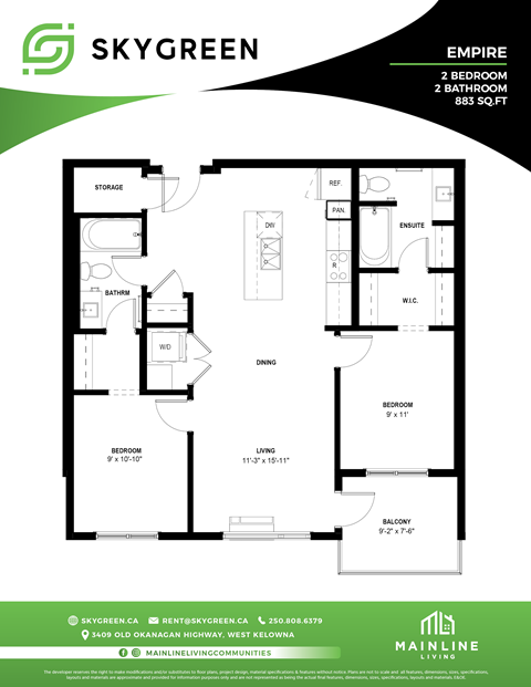 Floor plan for 2 beds, 2 baths, 883 sqft